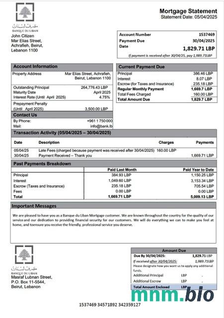 Liban Banque du Liban wyciąg z kredytu hipotecznego szablon Word i PDF